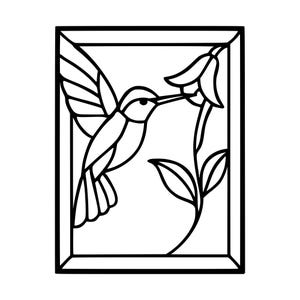 May include: A black and white line art illustration enclosed in a rectangular frame. The design features a hummingbird in profile with wings extended, positioned to the left of a single flower on a stem with two leaves, all rendered in bold lines.