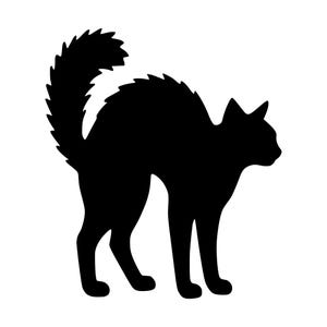 Op de afbeelding: Een effen zwart silhouet van een kat in een defensieve houding met een gebogen rug en een omhoogstaande, borstelige staart. De kat is in profiel naar rechts afgebeeld, waarbij de vacht langs de rug en staart er stekelig uitziet.