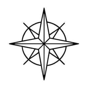 Può includere: Un'illustrazione a linee bianche e nere di una rosa dei venti. Il design presenta una stella centrale a quattro punte sovrapposta a una stella più grande a quattro punte, il tutto racchiuso all'interno di un sottile anello circolare.