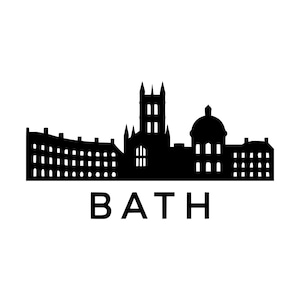 Può includere: Una silhouette grafica nera dello skyline della città di Bath con una torre centrale e un edificio a cupola, con la parola BATH stampata in grassetto nero in lettere maiuscole direttamente sotto il profilo architettonico.
