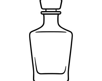 May include: A black and white line art illustration of a glass decanter. The vessel features a wide, rectangular body with slightly tapered sides, a narrow neck, and a flat, rectangular stopper resting on top. The design uses simple outlines.