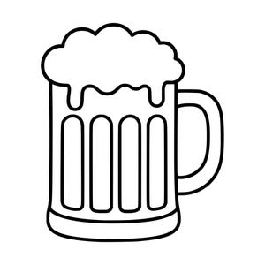 May include: A black and white line art illustration of a beer mug featuring a thick, frothy head of foam overflowing at the top. The mug has a sturdy handle on the right side and vertical panel detailing along the main body of the glass container.