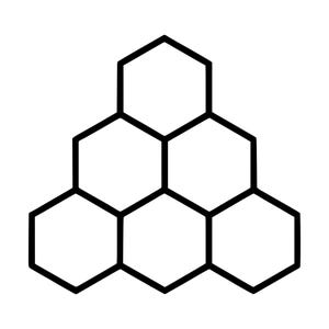 May include: A black and white graphic illustration featuring a cluster of six connected hexagons arranged in a pyramid formation. The design consists of bold, uniform black outlines forming a honeycomb pattern against a plain white background.