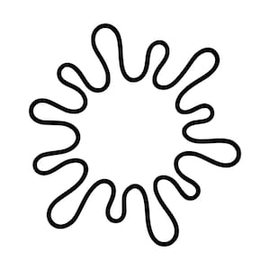 Könnte beinhalten: Eine schwarz-weiße grafische Darstellung eines Flüssigkeitsspritzers oder Tintenklecks-Motivs. Das Design besteht aus einem weißen Zentrum, das von einer dicken, durchgehenden schwarzen Linie umrandet ist, die mehrere unregelmäßige Ausläufer bildet.