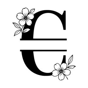 May include: A black and white graphic design featuring the uppercase letter C with a horizontal split through the centre. The letter is decorated with a five-petaled flower and leaves at the top left and a matching flower and leaves at the bottom right.