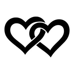 May include: A black graphic illustration featuring two interlocking heart shapes. The design consists of thick, bold outlines forming two connected hearts, creating a symmetrical and unified symbol against a plain white background.