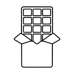 Könnte beinhalten: Eine schwarz-weiße Strichzeichnung einer rechteckigen Schokoladentafel. Die Tafel ist unten teilweise ausgepackt und zeigt ein Gitter aus zwölf quadratischen Segmenten im oberen Bereich, während der untere Teil von einer festen Hülle bedeckt ist.