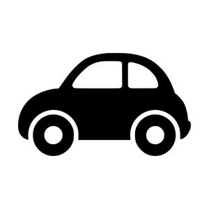 May include: A solid black silhouette icon of a small, rounded compact car shown in profile. The design features a curved roofline, two distinct windows, and two circular wheels with hollow centers, presented as a simple graphic element.