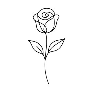 以下が含まれることがあります： 一輪のバラの花を描いた白黒の線画イラスト。中央に渦巻き模様のあるバラの花、細い茎、そして外側に伸びる2枚の尖った葉の形を、途切れることのない流れるような黒い輪郭線で表現したシンプルなデザインです。