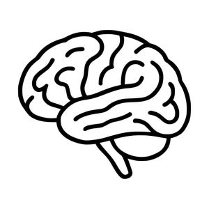 May include: A black and white line art illustration of a human brain. The graphic features a bold, continuous black outline depicting the distinct folded structure of the cerebral cortex and the cerebellum, set against a plain white background.