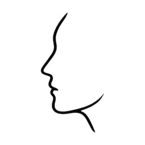 May include: A black line drawing depicting the side profile of a human face. The minimalist illustration features a continuous, smooth stroke that outlines the forehead, nose, lips, chin, and neck against a plain white background.