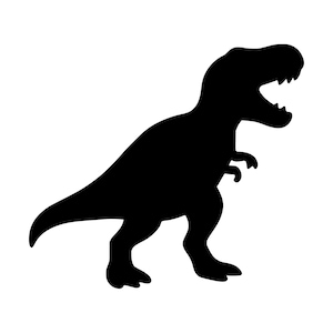 May include: A solid black silhouette of a Tyrannosaurus Rex dinosaur standing in profile. The dinosaur is depicted with its mouth open, showing sharp teeth, small arms, a long tail, and large hind legs with visible claws.