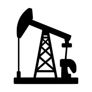 May include: A black silhouette of an oil pump jack featuring a tall, triangular lattice tower, a long horizontal beam with a counterweight on one end, and a vertical rod connecting to the pumping unit, all set against a plain white background.