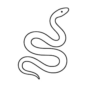 Peut inclure: Un dessin au trait simple en noir et blanc représentant un serpent. L'illustration présente un contour noir continu formant le corps mince et sinueux du reptile, avec un seul point noir représentant l'œil sur la tête arrondie du serpent.