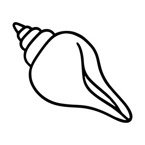 May include: A black and white line art illustration of a seashell. The drawing features a spiraled top section and a smooth, elongated body with a central opening, rendered with bold, clean outlines against a plain white background.