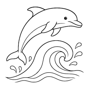Op de afbeelding: Een zwart-wit lijntekening van een dolfijn die uit een gestileerde oceaangolf springt. De dolfijn is in profiel afgebeeld met een glad lichaam en een gebogen rugvin, terwijl het water eronder een grote golfkam en verspreide druppels bevat.
