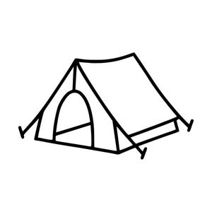 May include: A black and white line art illustration of a triangular camping tent. The tent features a central arched entrance, a sloped roof, and two extended support lines on either side, depicted with clean, bold outlines on a plain background.