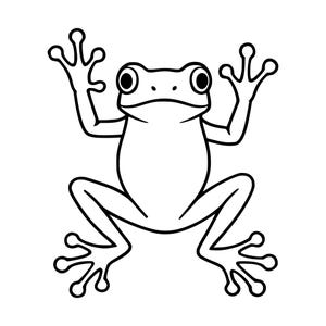 May include: A black and white line art illustration of a frog shown from a front-facing perspective. The frog features large, circular eyes, a smooth body outline, and four limbs with distinct, rounded toe pads at the ends of each digit.