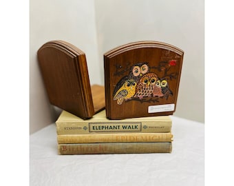 Vintage Solid Wood Owl Bookends Hand Painted Mid Century Library Decor Set