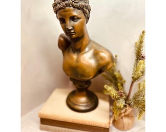 May include: A bronze-toned bust sculpture depicting a person with short, curly hair and a neutral facial expression. The figure is shown from the chest up, featuring smooth skin textures and a classic pedestal base, finished in a warm metallic brown.