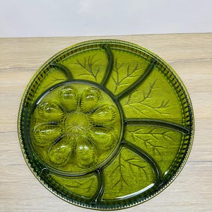 Vintage MCM Indiana Glass Avocado Green Embossed Deviled Egg Tray Relish Server Mid Century Kitchen Entertaining