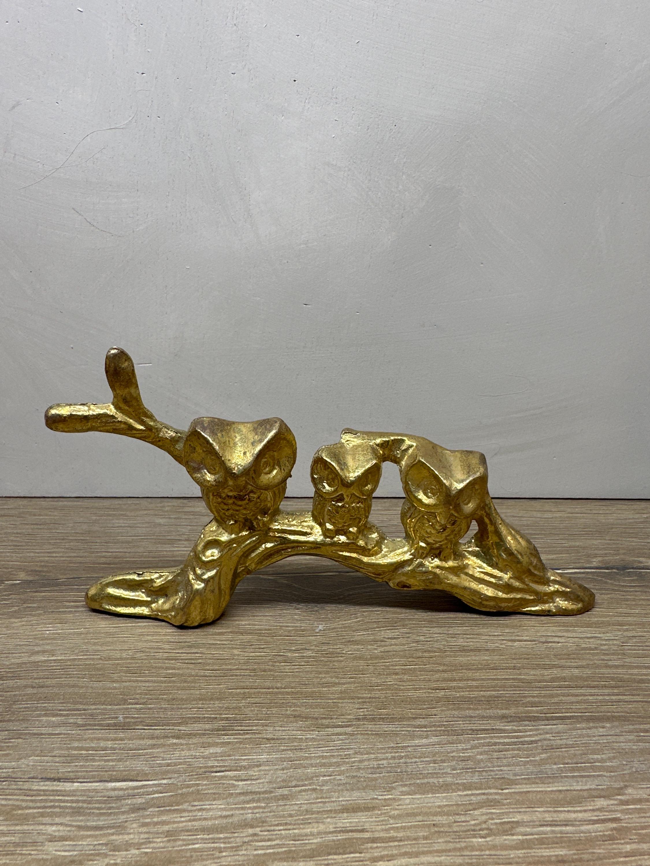 Vintage 1970s Solid Brass Owl Trio Figurine Branch Paperweight Mid Century Modern Retro Home Office