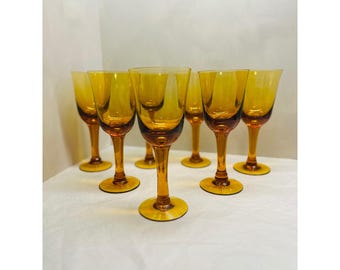 Vintage Amber Glass Wine Goblets Mid Century Modern Stemware Set of 7