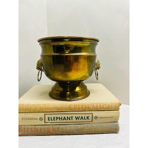 May include: A polished brass bowl with a wide rim and a pedestal base. The bowl features two decorative lion head handles on opposite sides, each holding a small circular ring. The brass has a warm, reflective golden tone with subtle patina.