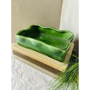 MCM Green Ceramic Planter, McCoy Style Rectangular Pot, Vintage Wavy Rim Planter, Retro Green Pottery