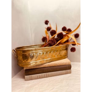 Vintage Brass Oval Planter Scalloped Embossed Metal Trough with Handles