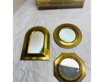 Set of 3 Vintage Brass Geometric Mirrors, Mini Brass Wall Mirrors, Decorative Metal Framed Mirrors, Mid Century Modern Wall Decor
