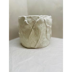 May include: A cream-colored ceramic planter with a leaf-like texture. The planter has a round shape and a wide opening. The leaves are intricately detailed, creating a unique and naturalistic design. The planter is suitable for small plants.