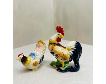 Vintage Porcelain Rooster and Hen Salt and Pepper Shakers Farmhouse Decor Set
