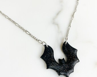 Black Glitter Twinkle Bat Pendant on Rhodium Plated Chain | Polymer Clay Halloween Bat Pendant Necklace