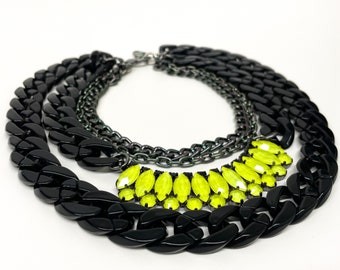 Neon Yellow Crystal, Black Gunmetal, and Acrylic Four Strand Bib Choker Necklace