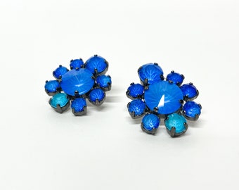 Neon Blue and Black Shiny Gunmetal Flower Cluster Earring