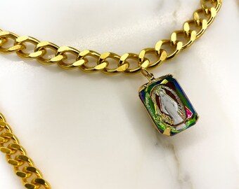 MADE TO ORDER - Vintage Virgin Mary Intaglio Stone Set in Gold Plated Brass and Dangling from Two Strand Gold Plated Curb Chain Necklace