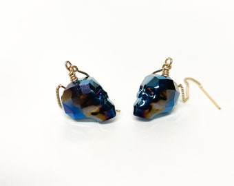 14Kt Gold Filled Threader Earrings with Swarovski Crystal Skulls in Metallic Blue
