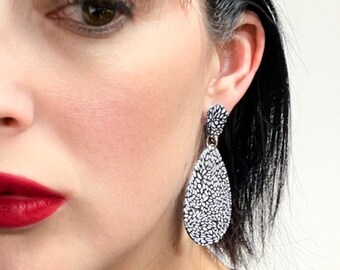 Teardrop Black and White Lace Cane Polymer Clay Earring