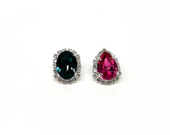 Asymmetrical Rose Pear and Emerald Oval Swarovski Crystal Halo Stud Earrings in Sterling Silver Overlay