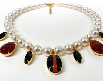 Crystal Pearl and Vintage Oval Glass Cabochon with Carnelian Red Stripe Necklace