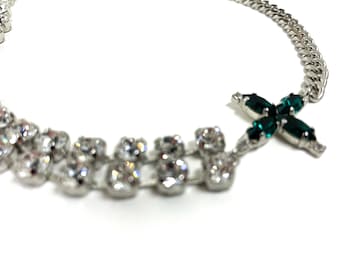 Asymmetrical Floral Cross Navette Cluster in Emerald Green with Double Row Swarovski Crystal Cupchain and Rhodium Plated Curb Chain