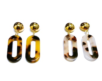 Oval Paperclip Chain Link Tortoise Shell Earrings with Gold Plated Half Ball Stud