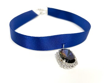 Royal Blue Satin and Silver Plated Choker with Oval Crystal Halo in Starburst Intaglio