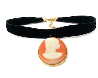 Black Velvet and Gold Plated Choker with Oval Cameo in Carnelian Glass
