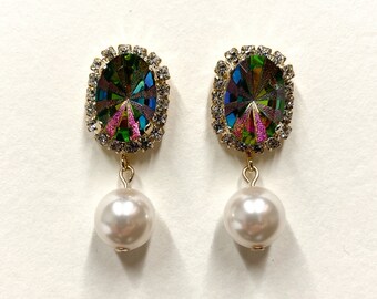 Starburst Intaglio Crystal Halo Octagon Stud Earrings in Gold Overlay with Crystal Pearl Dangle