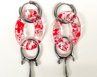 Clear Acrylic and Blood Red Spatter Halloween Vampire Earrings with Silver Tone Dripping Charm