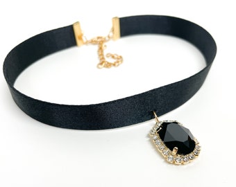 Black Satin and Gold Plated Choker with Oval Swarovski Crystal Halo in Jet