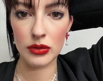 Statement Floral Cross Navette Cluster in Light Siam Red with White Crystal Pearl Dangle