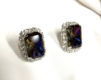 Dark Rainbow Starburst Intaglio Crystal Halo Octagon Stud Earrings in Sterling Silver Overlay